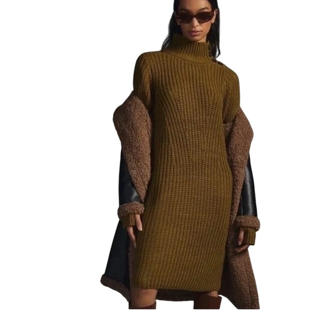 Anthropologie Moon River L Olive Funnel Neck Puff Sleeve Sweater Dress Cozy Chic - Picture 2 of 13